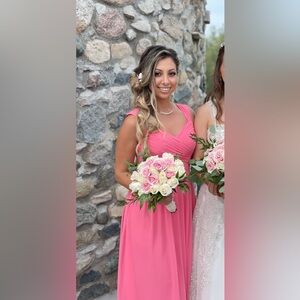 Azazie Raine bridesmaid dress in color Flamingo size A4